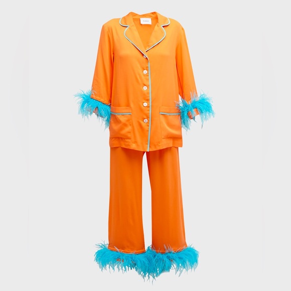 SLEEPER CROPPED DETACHABLE FEATHER-TRIM PARTY PAJAMA SET IN ORANGE - Size XS - Picture 3 of 13